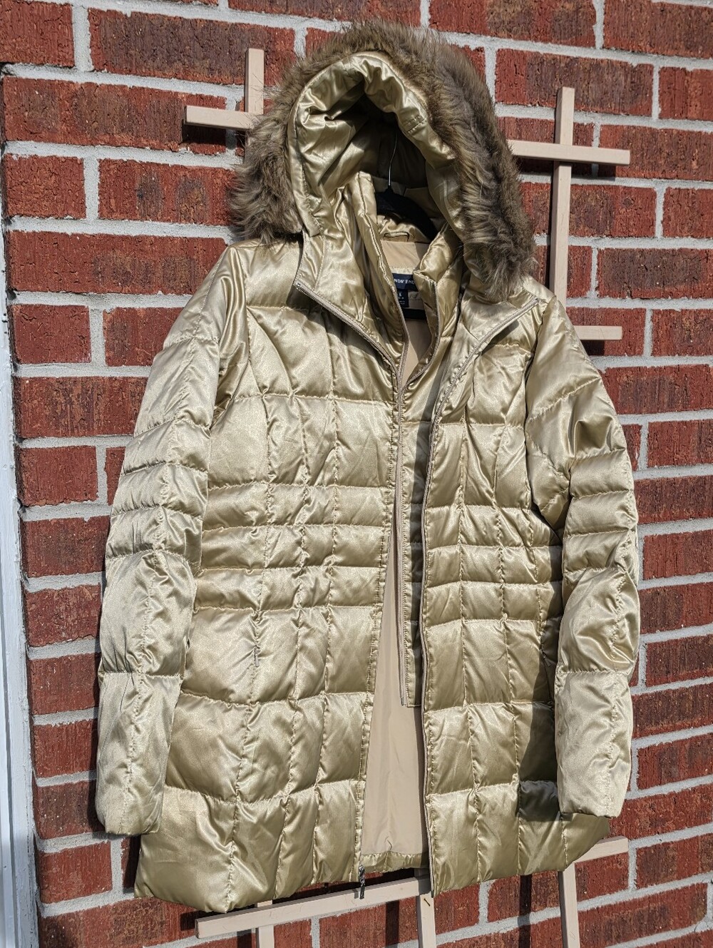 Lands End Goose Down Feathers Puffer Coat Fur Hood Metallic Gold Long Layered L